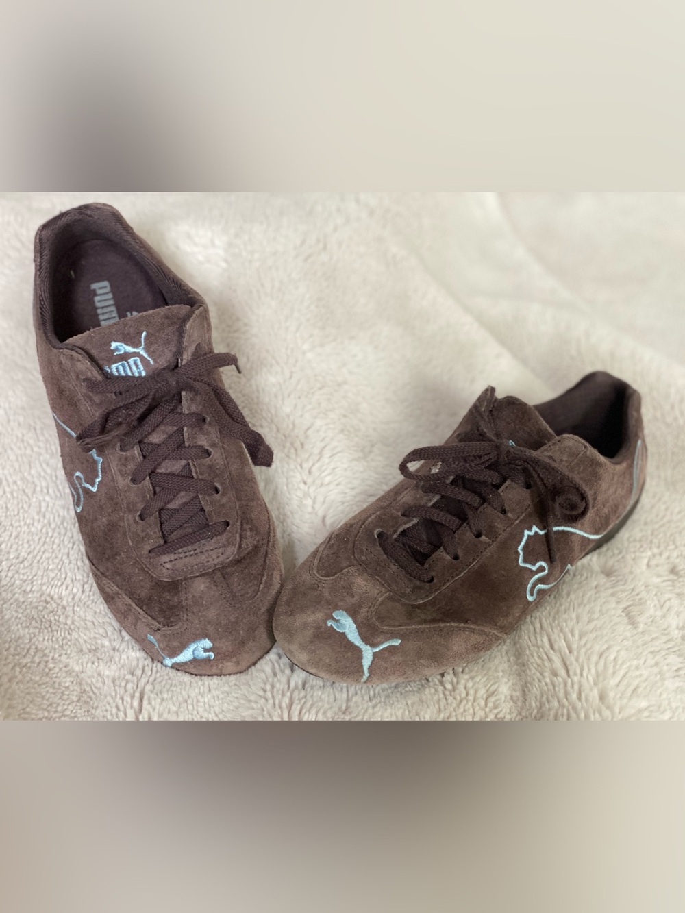 PUMA Brown Suede Sneakers with Light Blue Logo